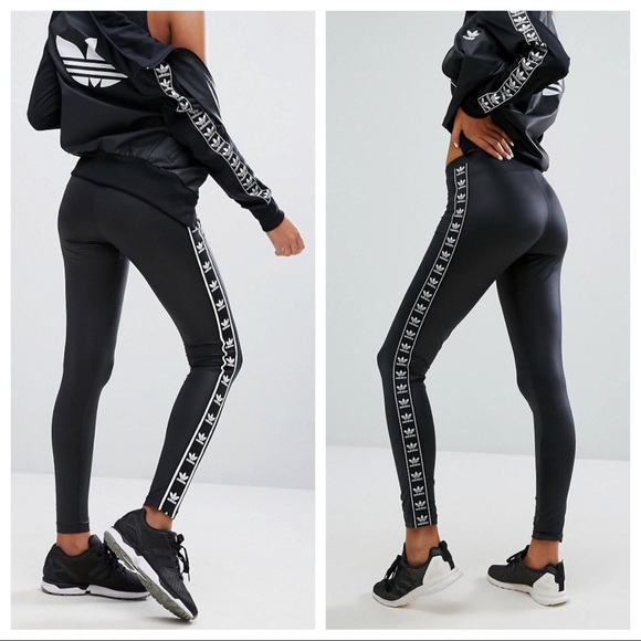 adidas | Pants u0026 Jumpsuits | Adidas Berlin Firebird Tape Logo Gloss Black  Leggings | Poshmark